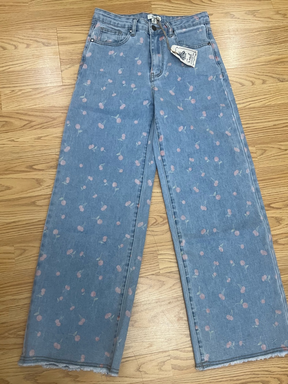easel Light Blue Wide Leg Jeans with Pink Floral Motif